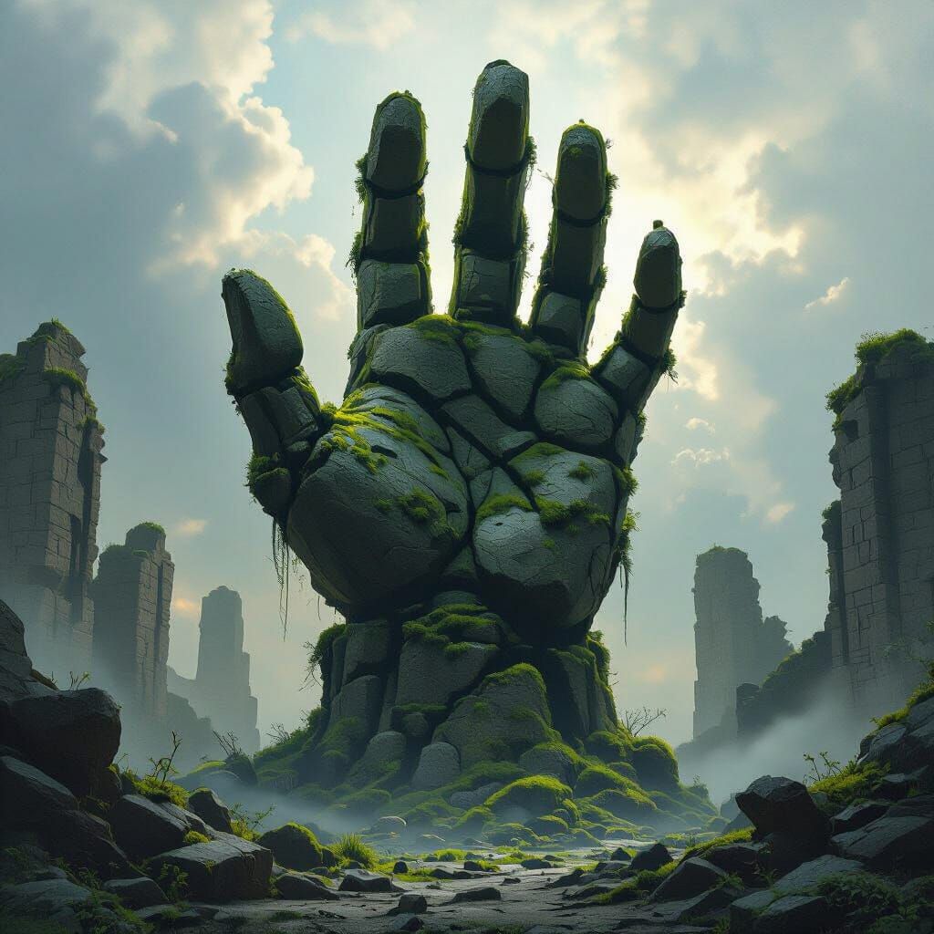 Stone Golem Hand Emerges from Battlefield Ruins
