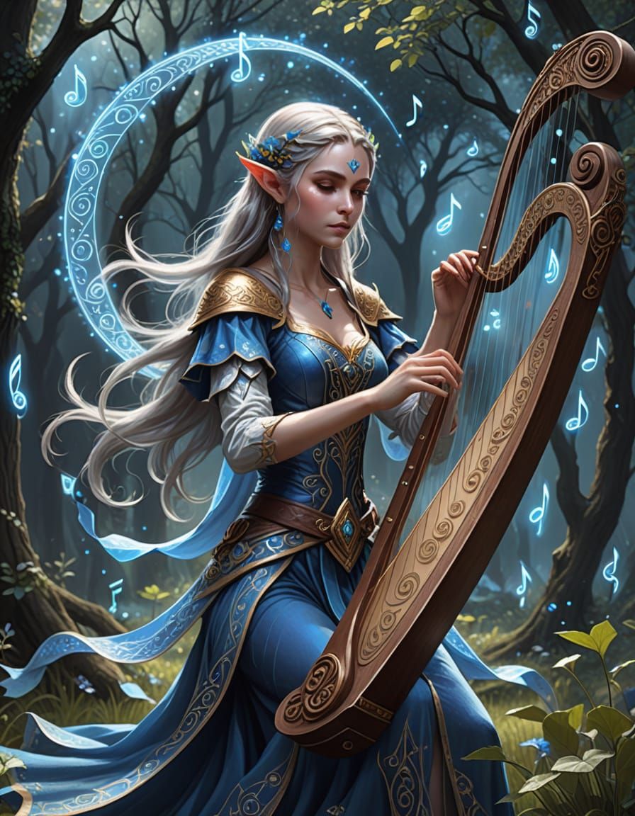 Elf Harpist Conjuring Ethereal Music in Heroic Fantasy Style