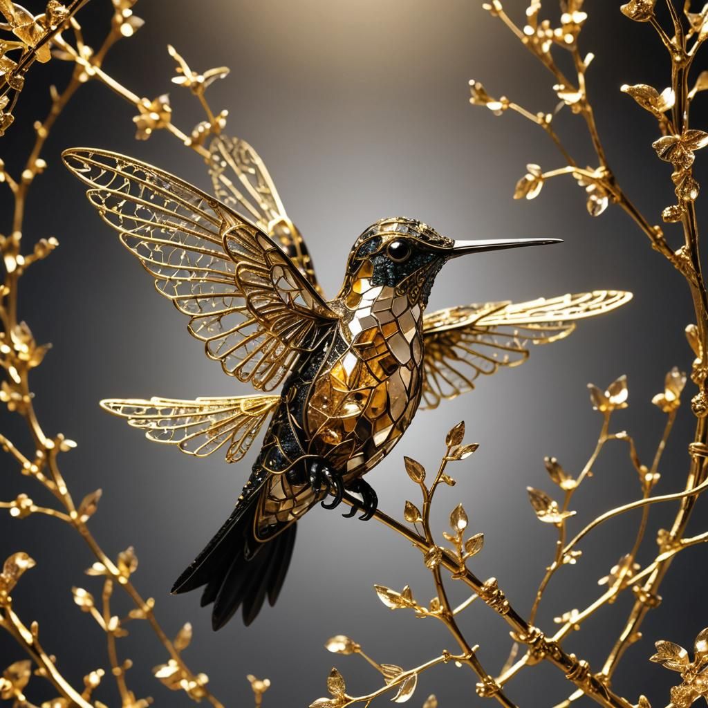 Crystal Hummingbird with Golden Filigree in Taxidermy Style