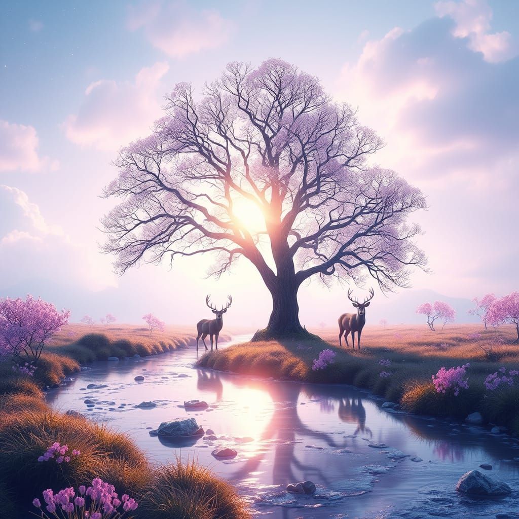 Crystal Deer in a Crystal Meadow Landscape