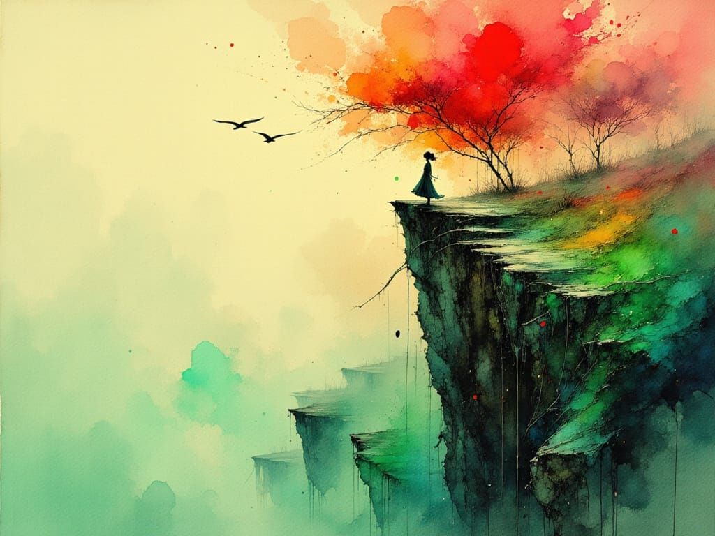 Vibrant Whispers of a Contemplative Woman on a Windswept Cli...