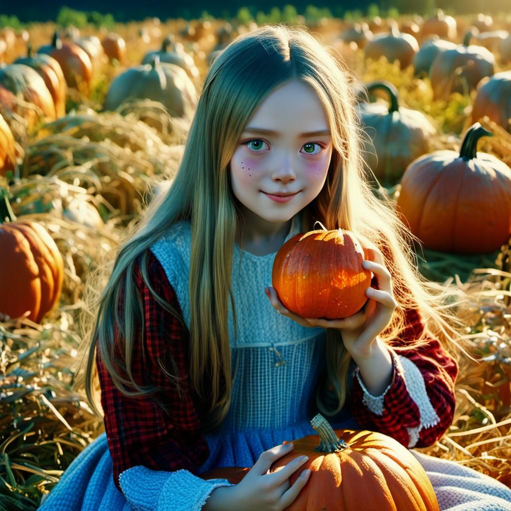 Anime Girl in Pumpkin Field with Golden Pumpkin