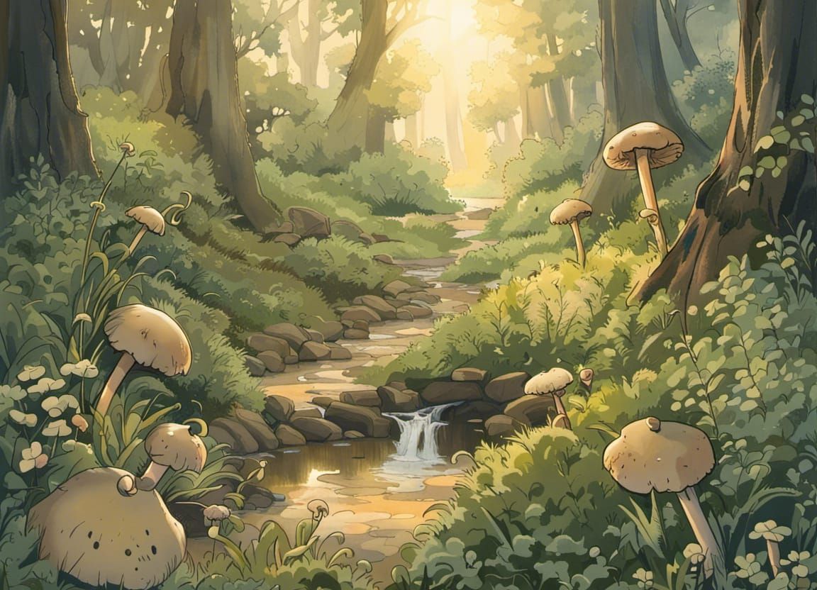 Enchanted Forest Sunrise in Anime Watercolor Style