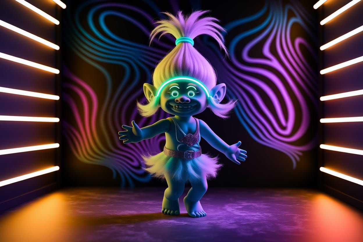 Neon Troll Doll Dances in Blacklight Rave