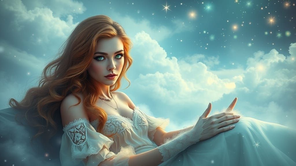 Beautiful Redhead Woman on Canopy Bed in Ethereal Fantasy