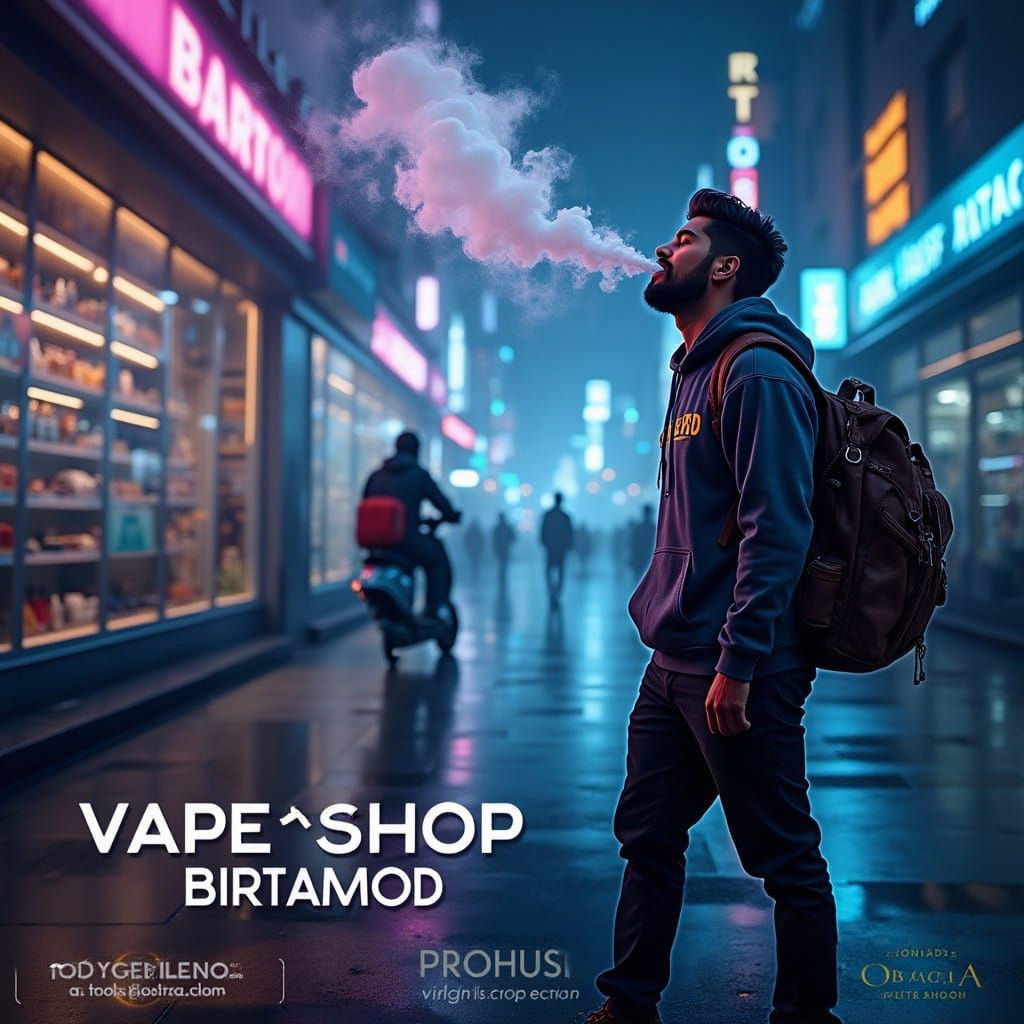 Futuristic Vape Shop in Neon Cityscape