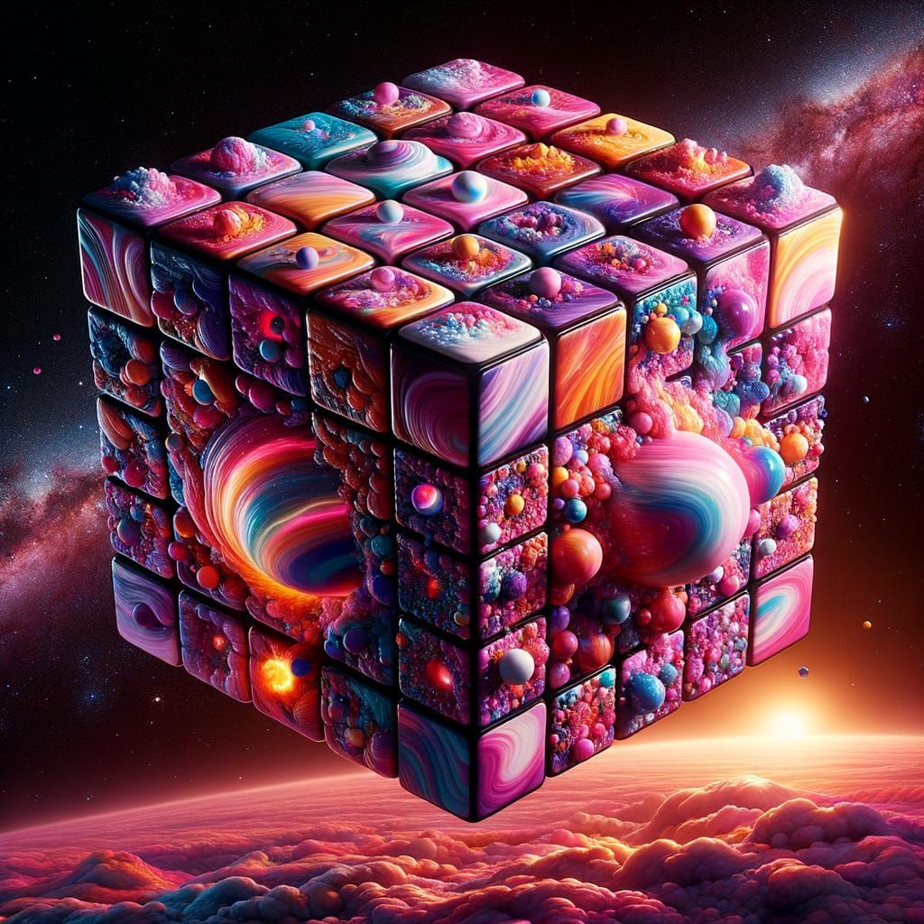 Massive Candy-Coated Cube in Deep Space Artwork