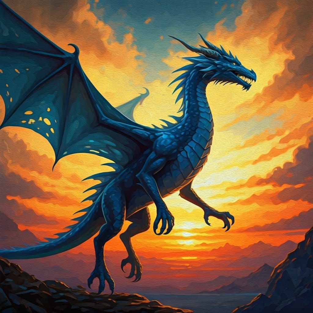 Majestic Blue Dragon in Flight: Oil Painting