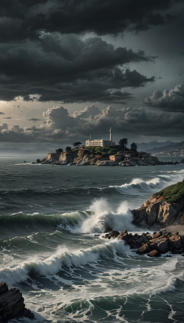 Dramatic Hyperrealistic Alcatraz Island Coastline