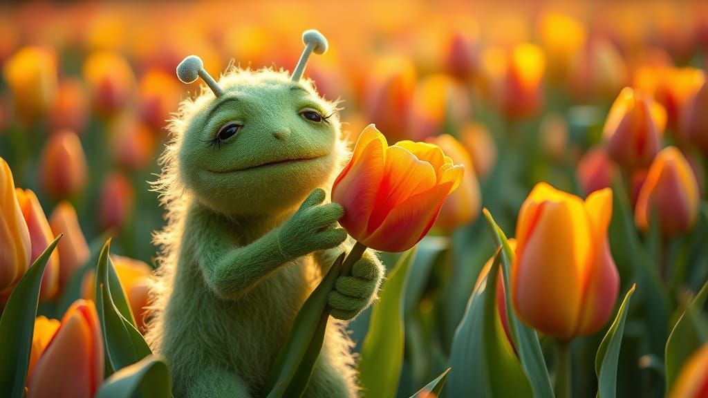 Whimsical Green Plush Monster in a Tulip Field