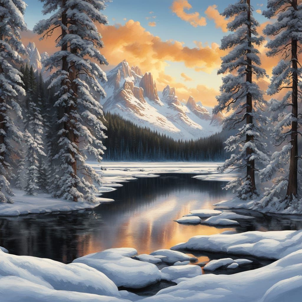 Frozen Winter Wonderland with Majestic Evergreen Trees