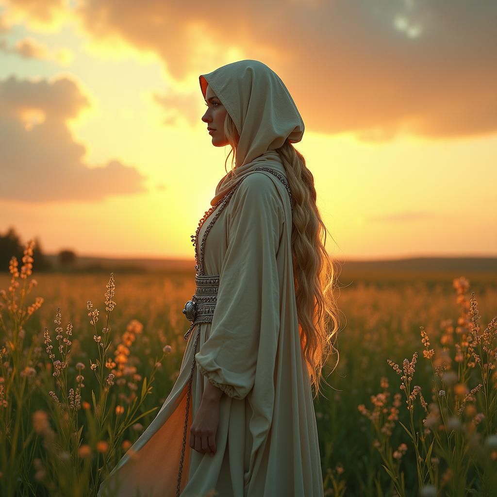 Braided Woman in Golden Field, Fantasy Matte Painting