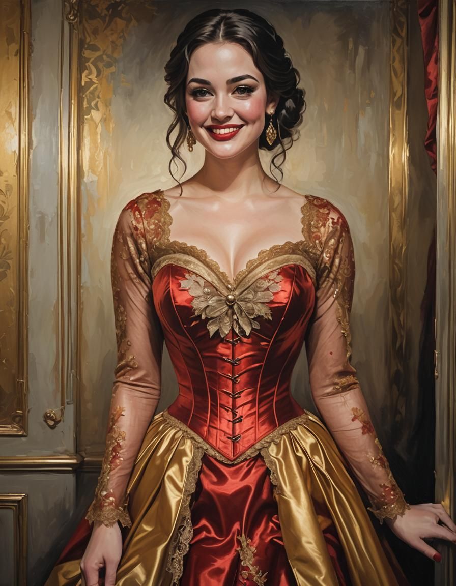 A beautiful young Curvy woman in a red And gold satin and lace modest Corset dress ,  Shy smile, in her apartment at nig...