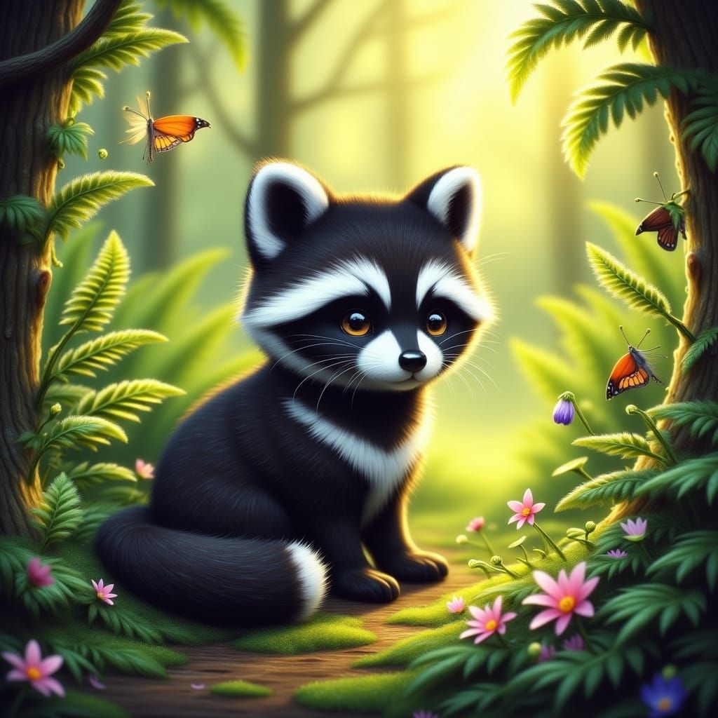 Whimsical Raccoon Cat Hybrid in Vibrant Forest Glade