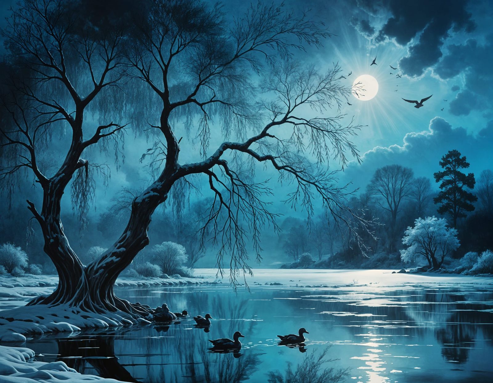 Serene Lakeside Scene in Watercolor Style