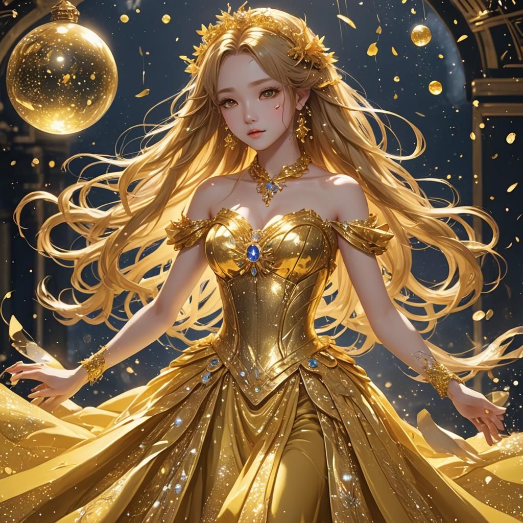 Luminous Water Goddess in Golden Anime Style