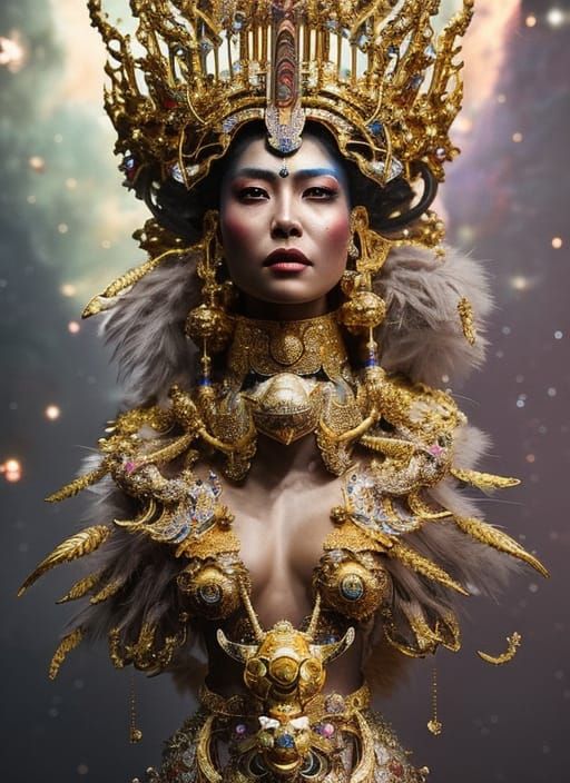 Majestic Queen in Cosmic Armor, Hyperdetailed Portrait