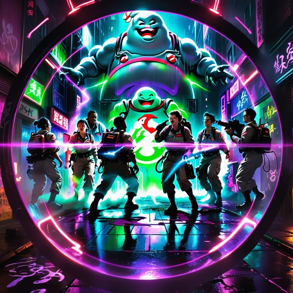 Ghostbusters Battle Ghosts in Cyberpunk Cityscape
