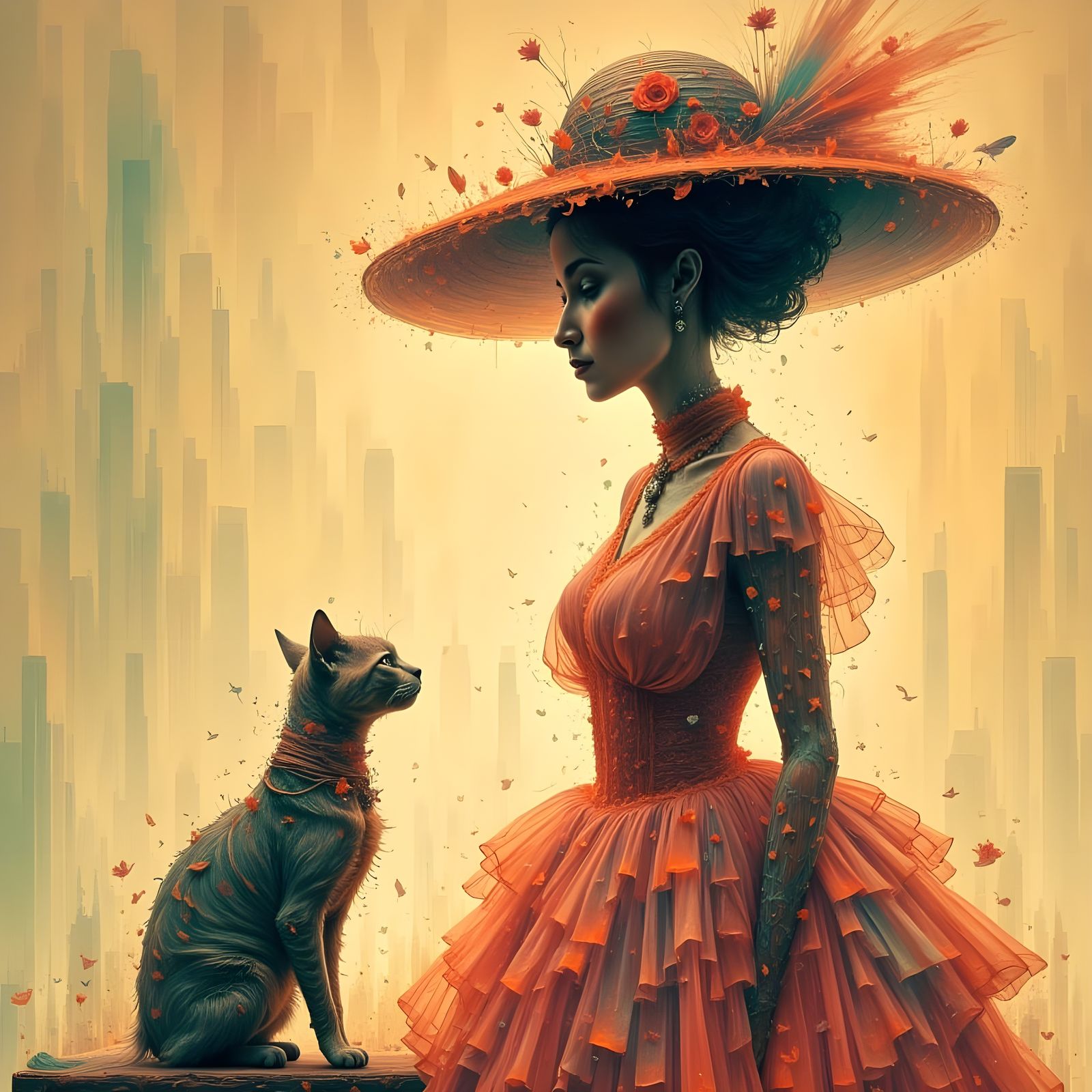 Whimsical Caricature of a Fashionable Lady and Cat