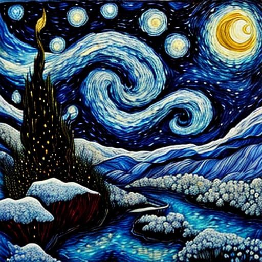 Starry Night Swirling Clouds in Oil Paint Style