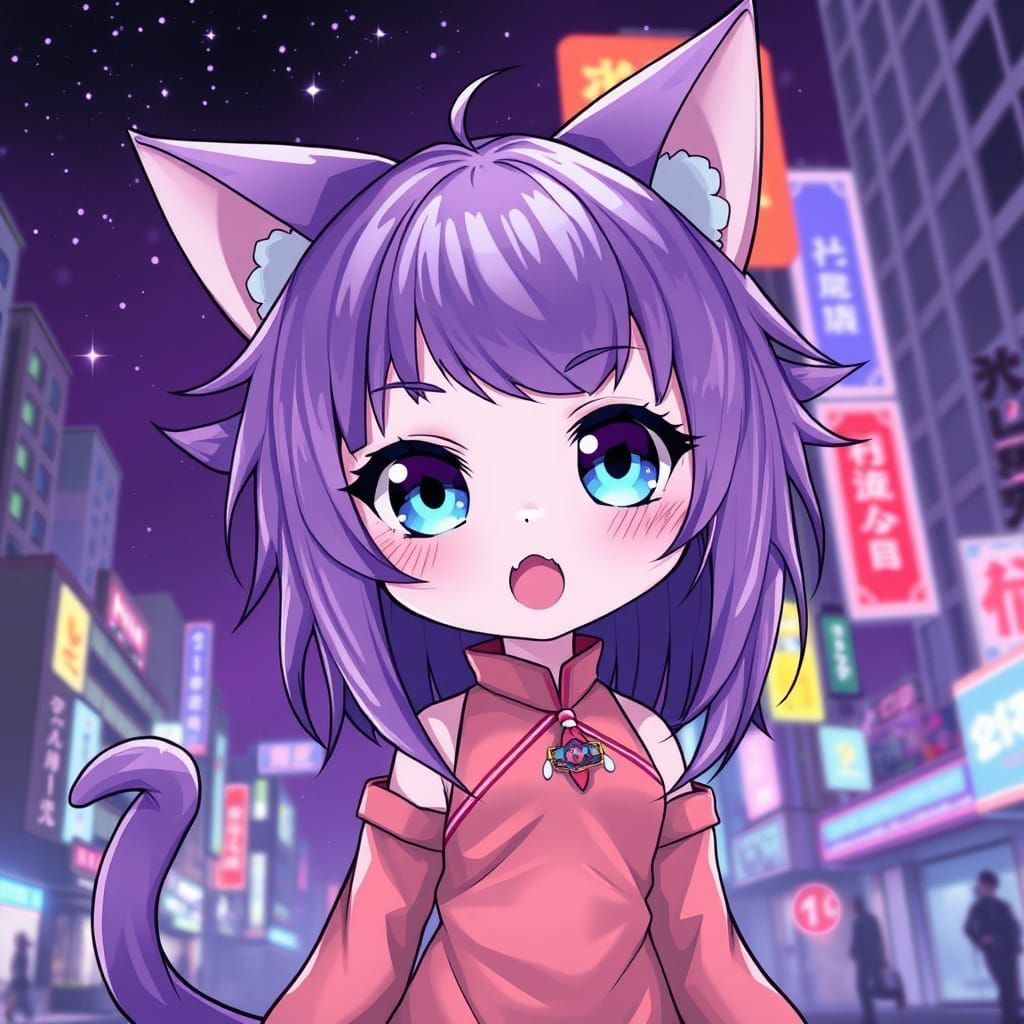 Cyberpunk Chibi Catgirl in Shining Traditional Dress