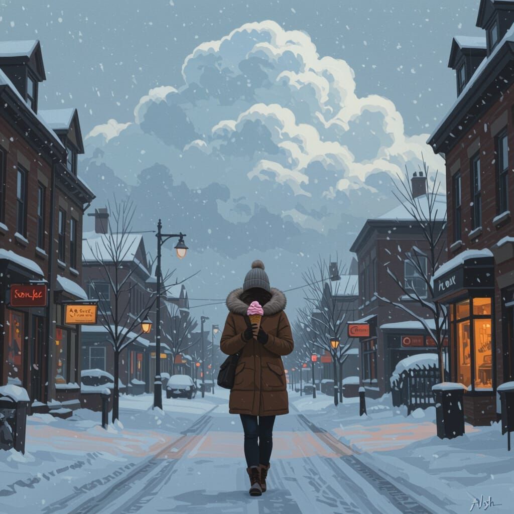 Person with Ice Cream on Snowy Street