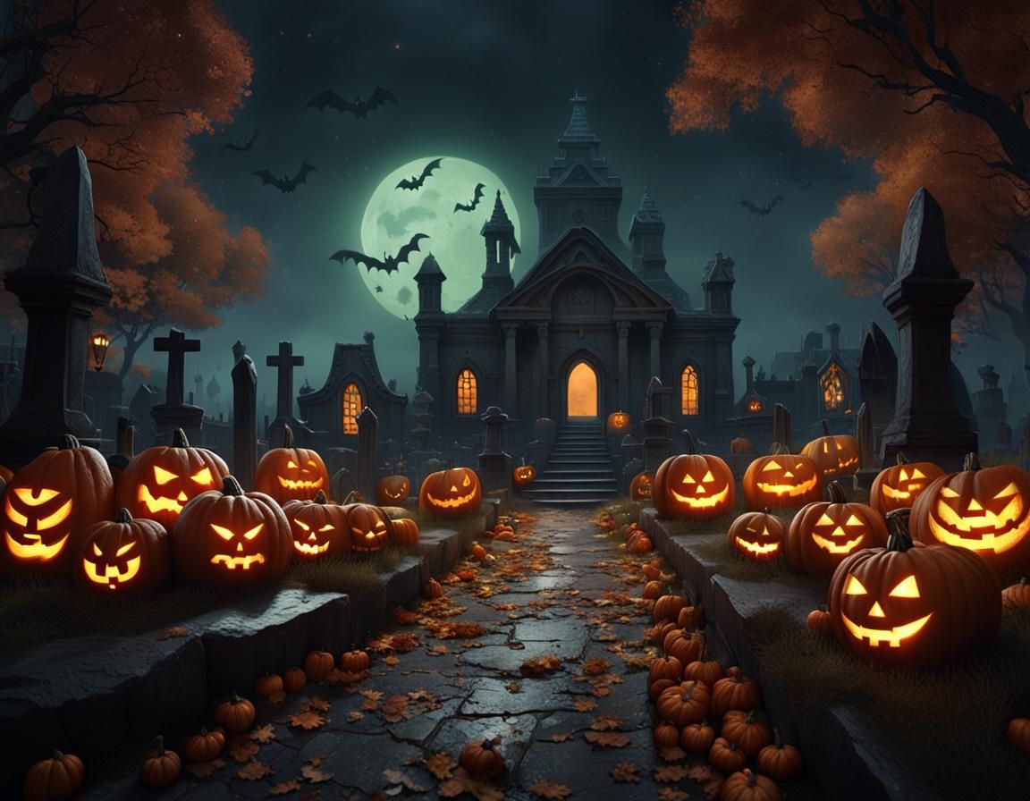 Halloween Graveyard Scene in Dark Fantasy Style