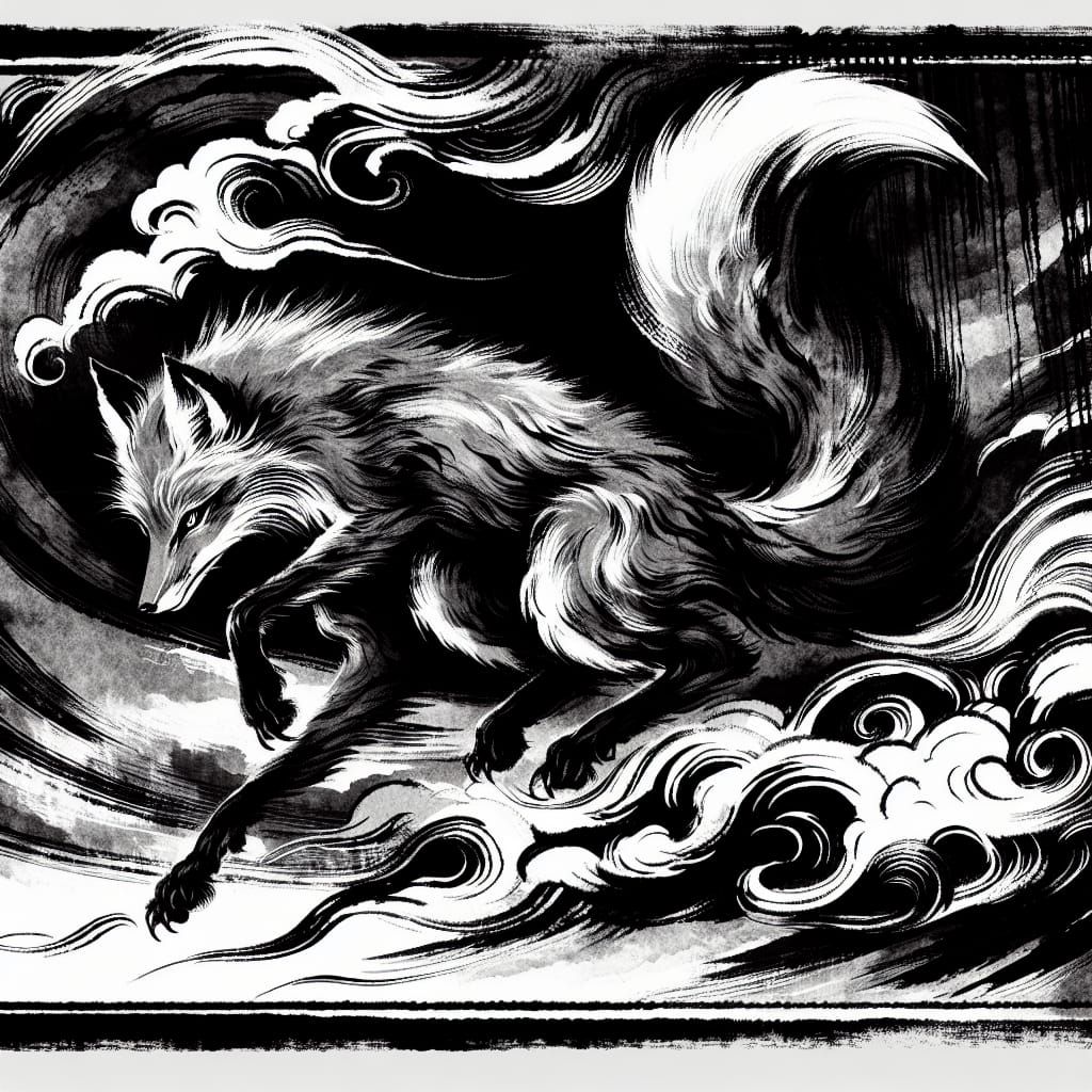 Dramatic Fox Art in Japanese Ink Style