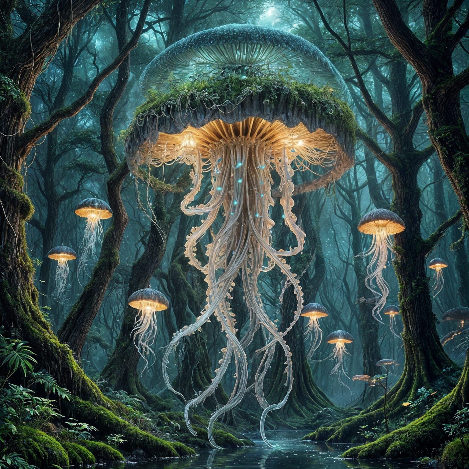 Bioluminescent Jellyfish in Ancient Forest Digital Painting