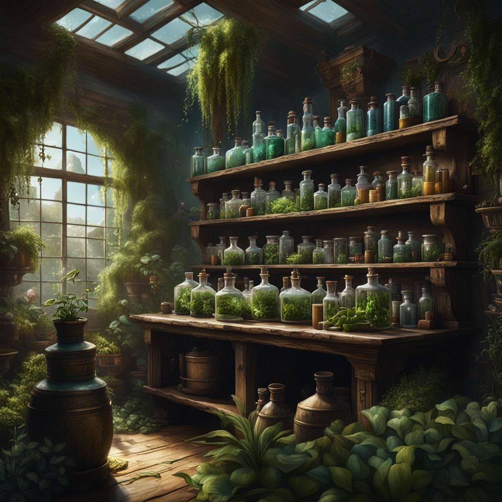 Fantastical Apothecary with Floating Elements, Detailed Matt...