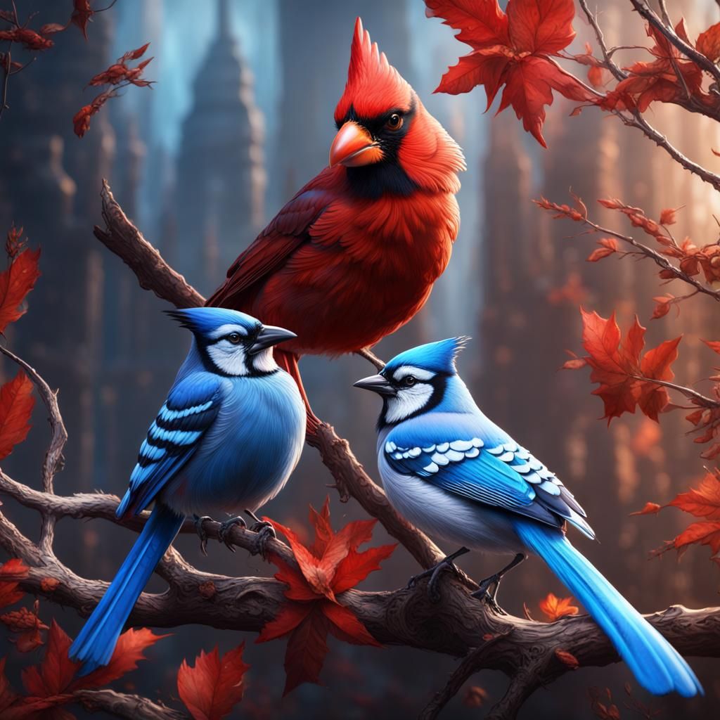Vibrant Cardinal and Blue Jay Fantasy Art