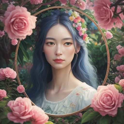 Surreal Woman in Garden with Giant Apple