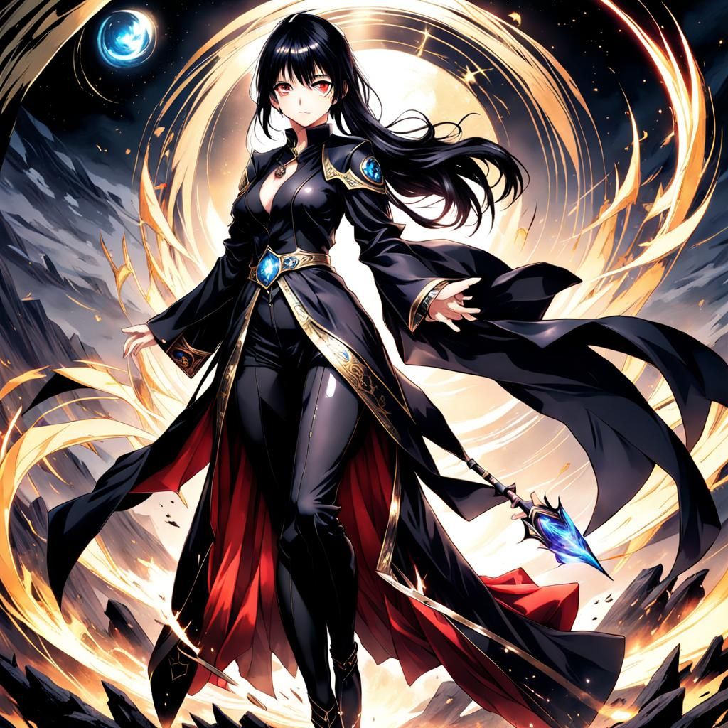 Anime Style Black-Haired Mage in Onyx Outfit