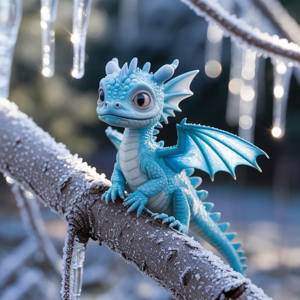 Adorable Blue Dragon Wyrmling on Iced Tree