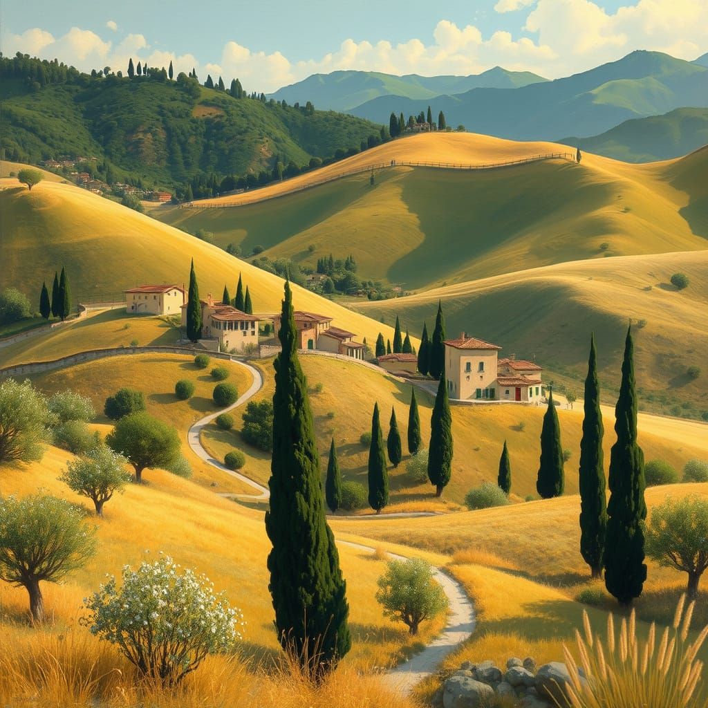 Whimsical Italian Landscape with Cypress Trees and Villas