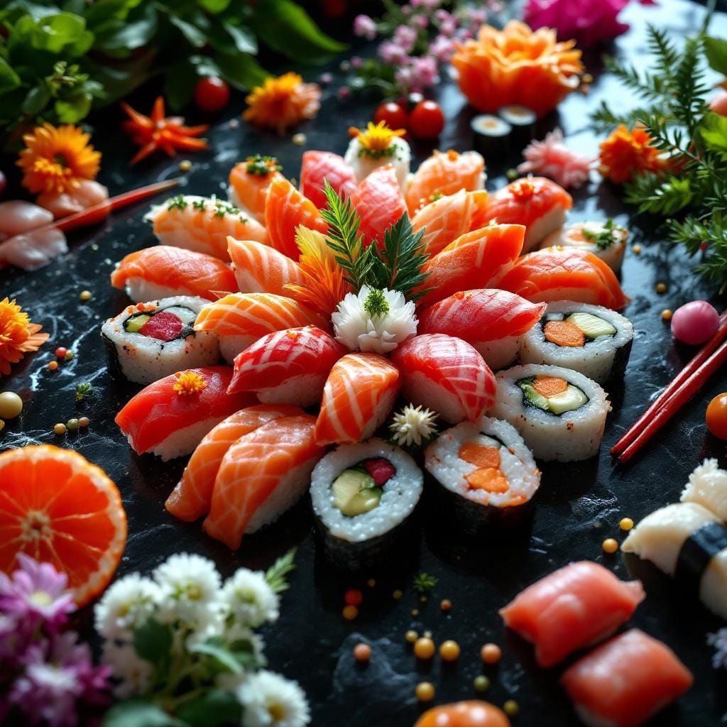 Floral Sushi Art: Dreamlike Close-Up in 8K