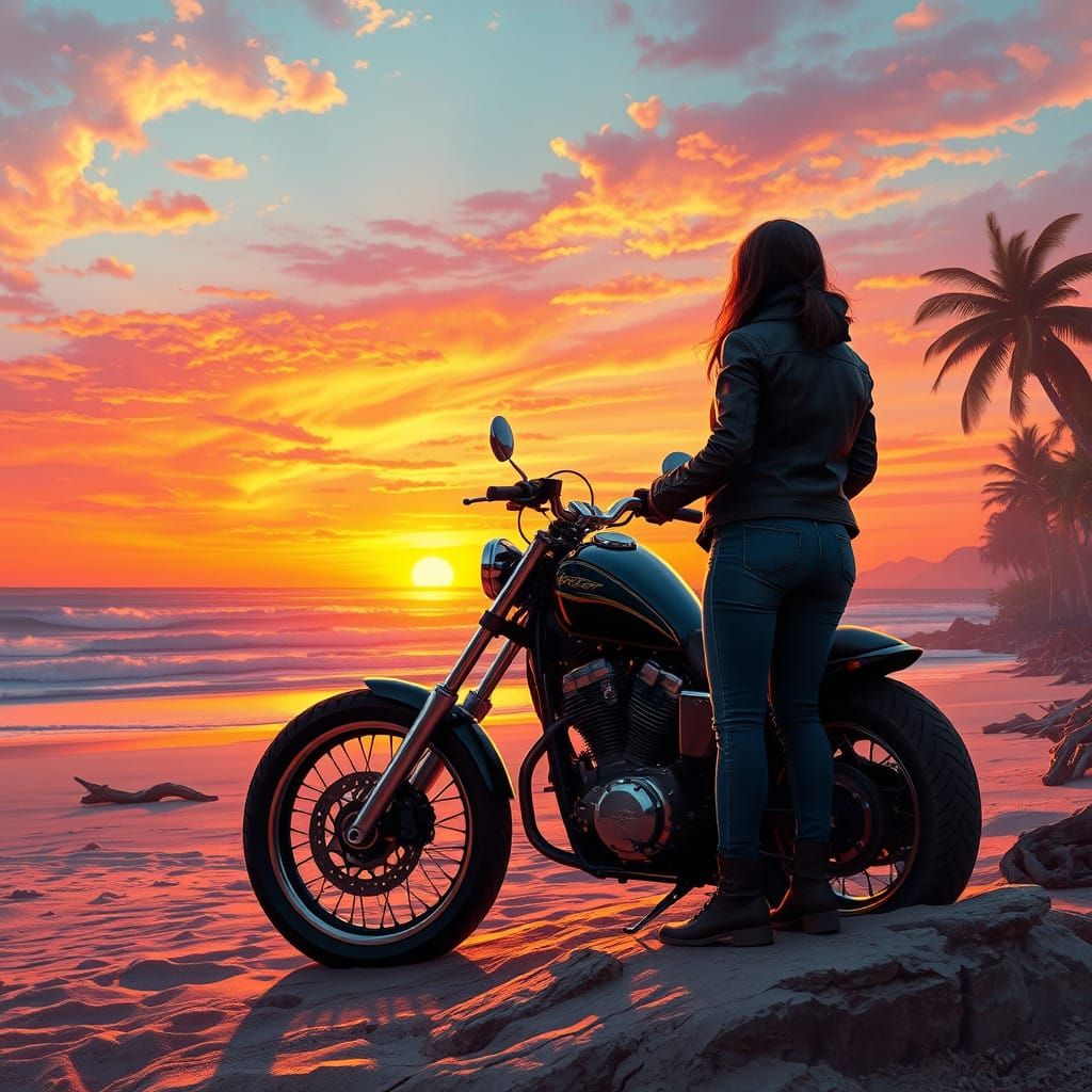 Woman in Sunset, Beach Landscape in Cyberpunk-Style Digital...