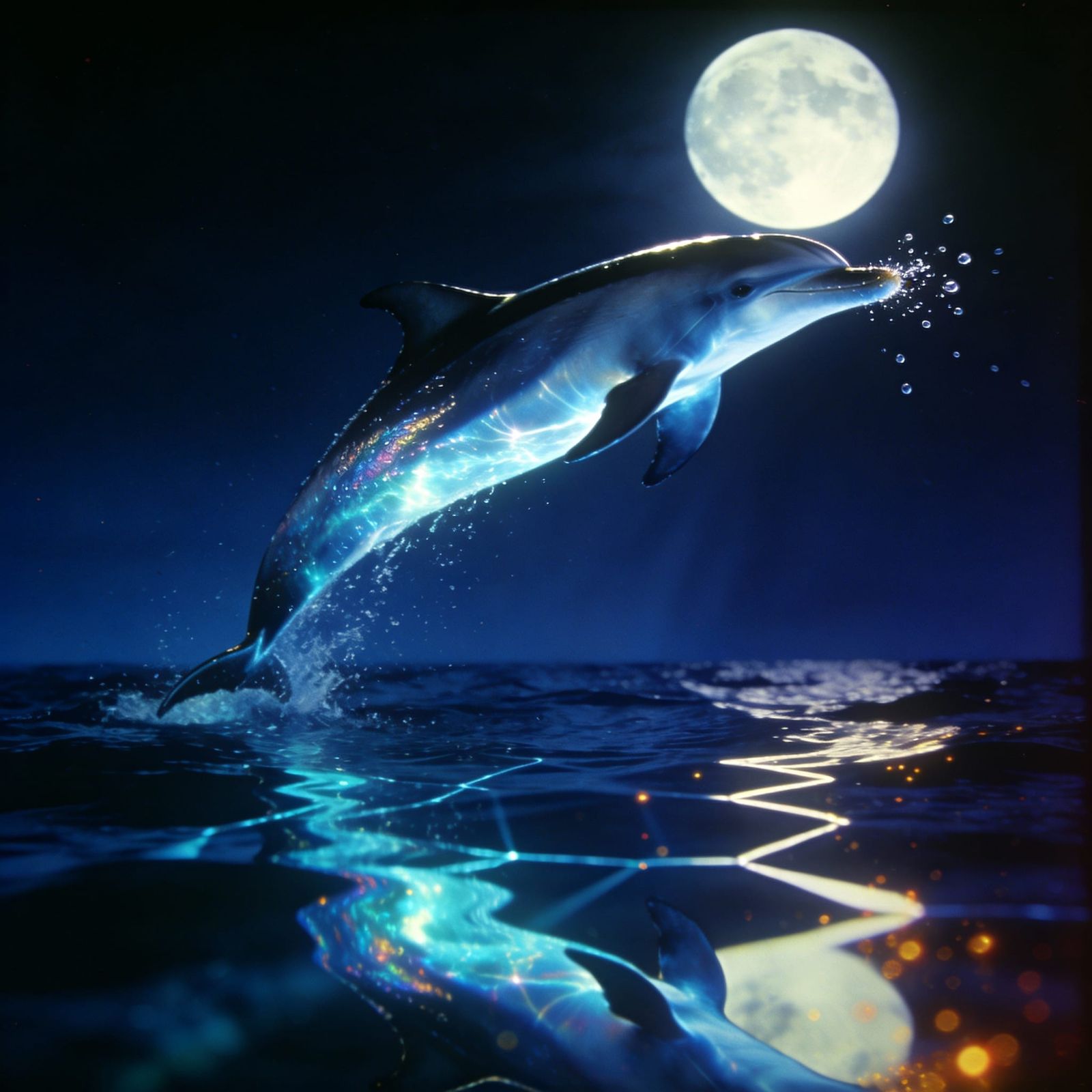 Dolphin Leaps from Moonlit Ocean, Ethereal Reflection