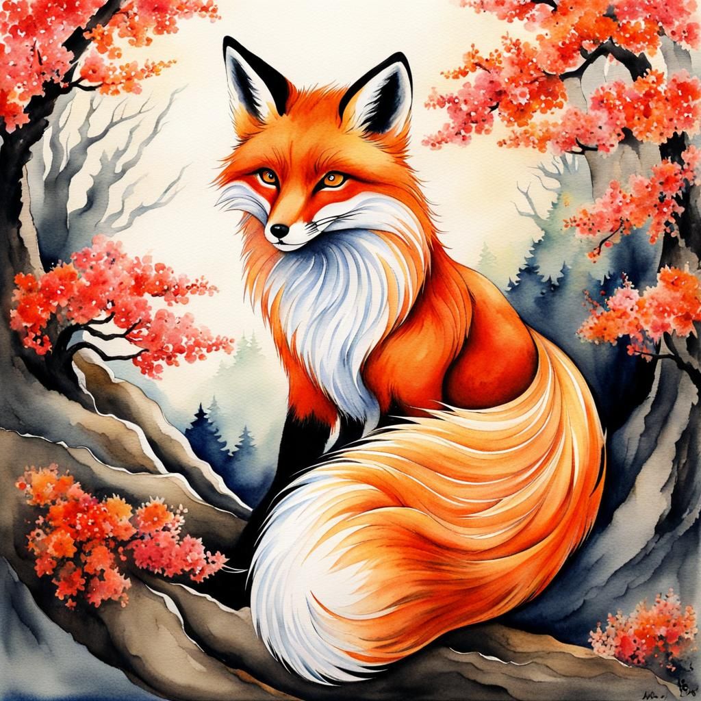 Watercolor Kitsune: Mythical Japanese Fox Spirit