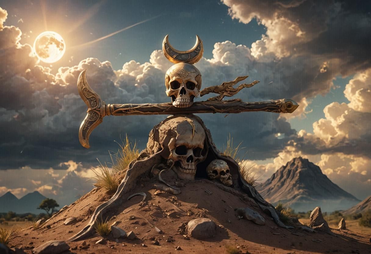 Skull with Staff and Crescent Moon: Fantasy Art