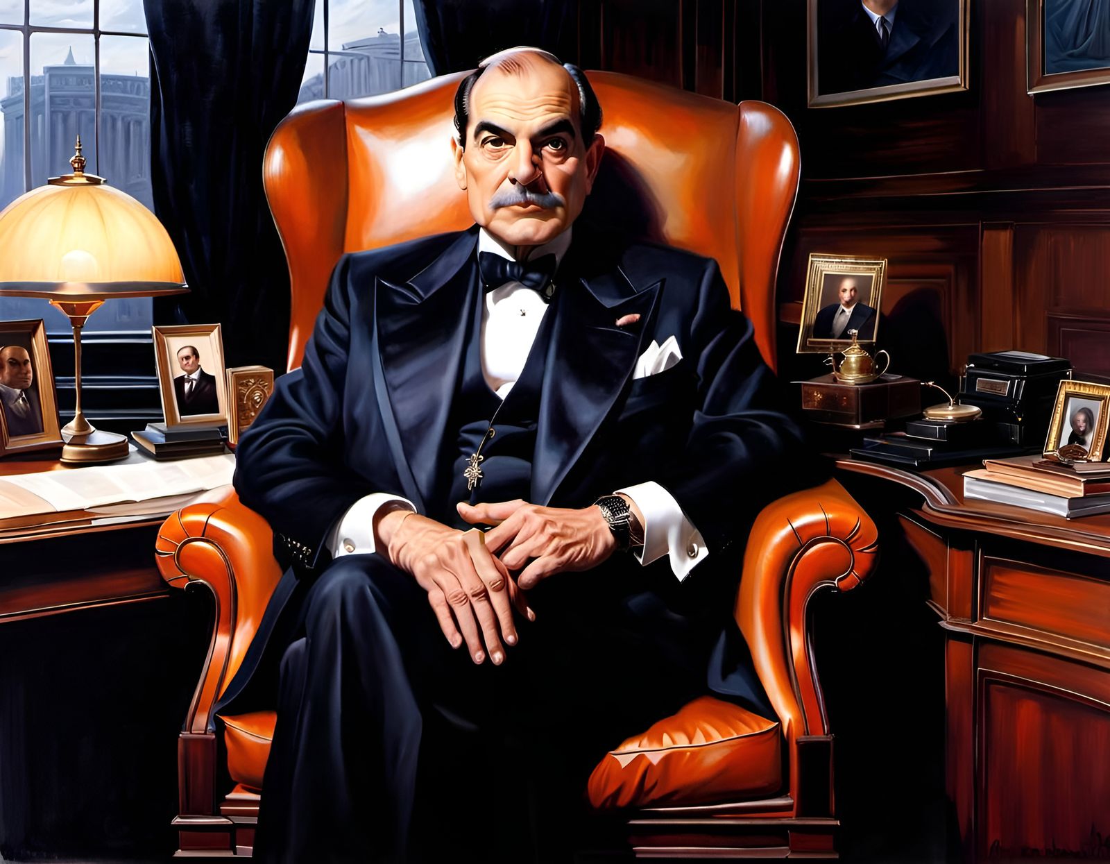Hercule Poirot in His Office: Detailed Oil Painting