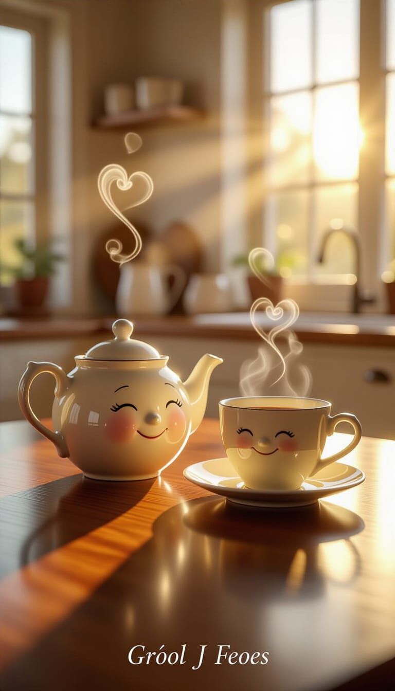 Smiling Teapot and Cup in Golden Morning Light