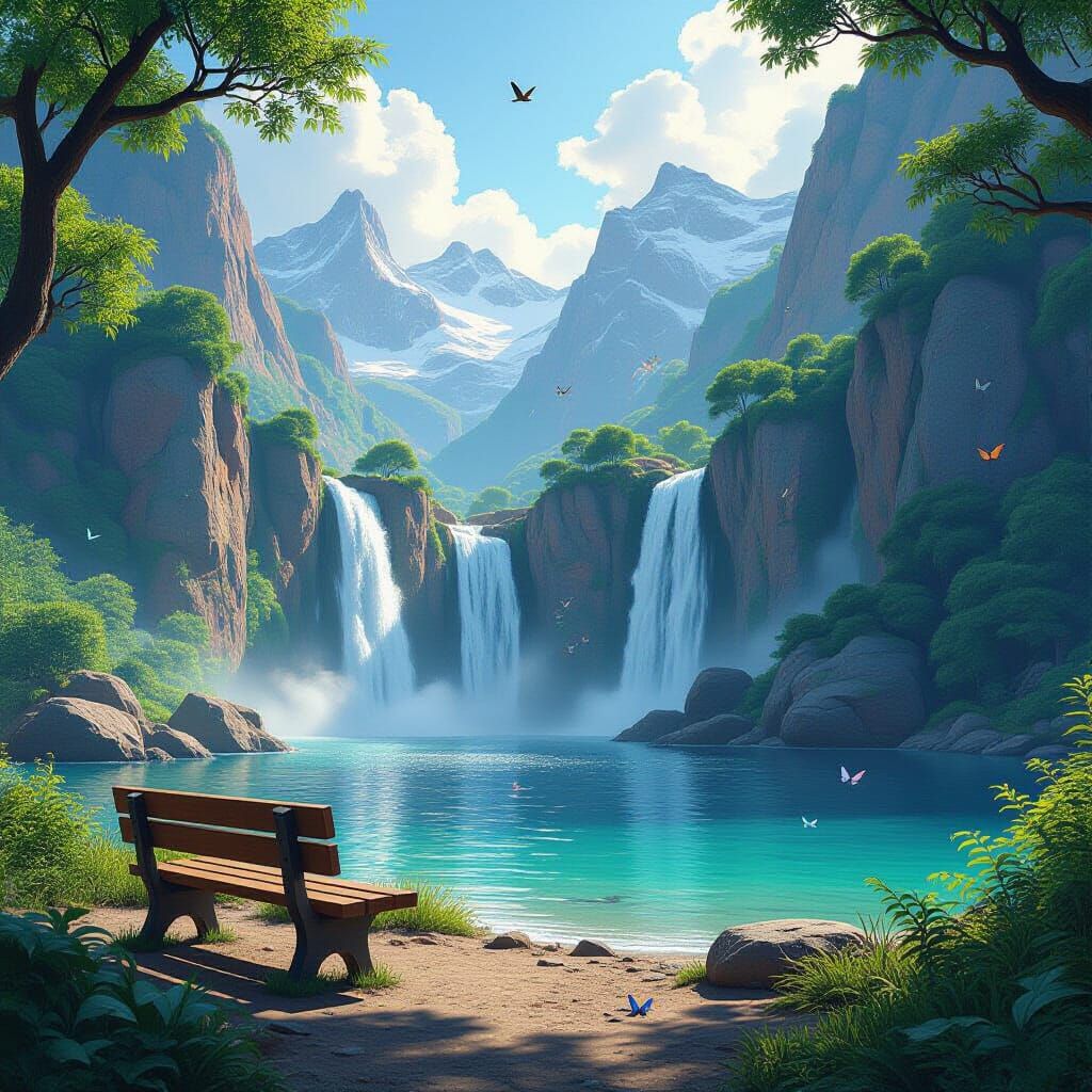 Majestic Waterfall in Realistic 3D Style with Lush Scenery