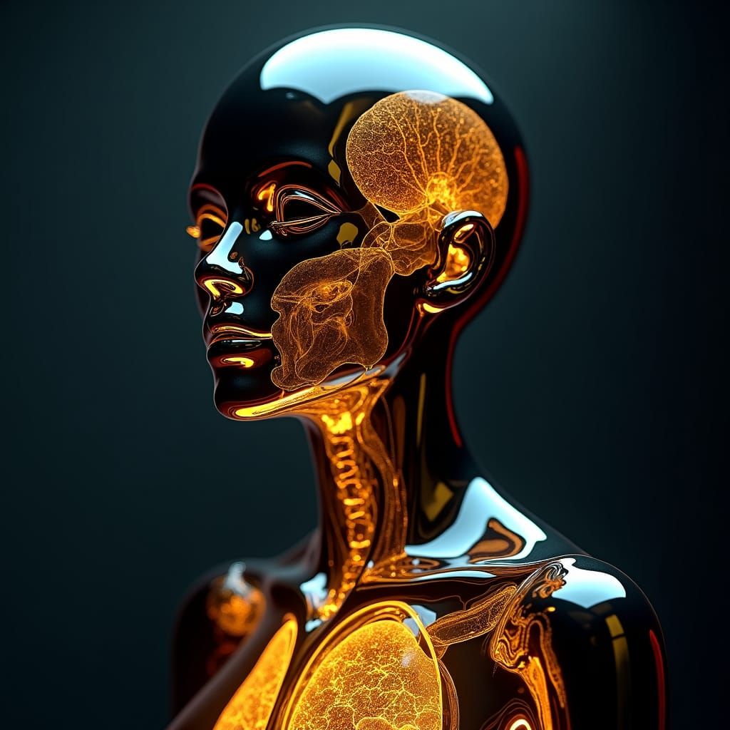 dark background,hyperrealistic, glass human with golden glas internal organs, Surrealistic, black shine, conceptual art,...