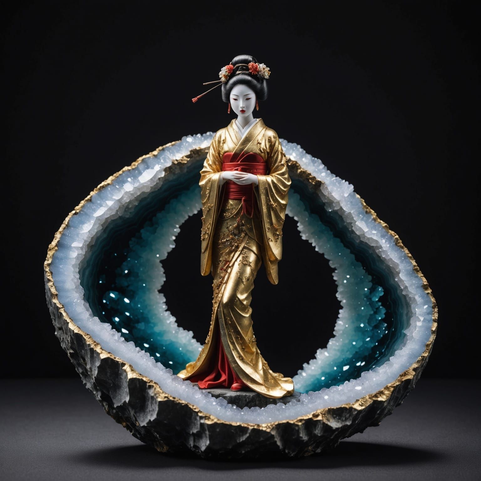 Geisha Beside Giant Crystal Geode