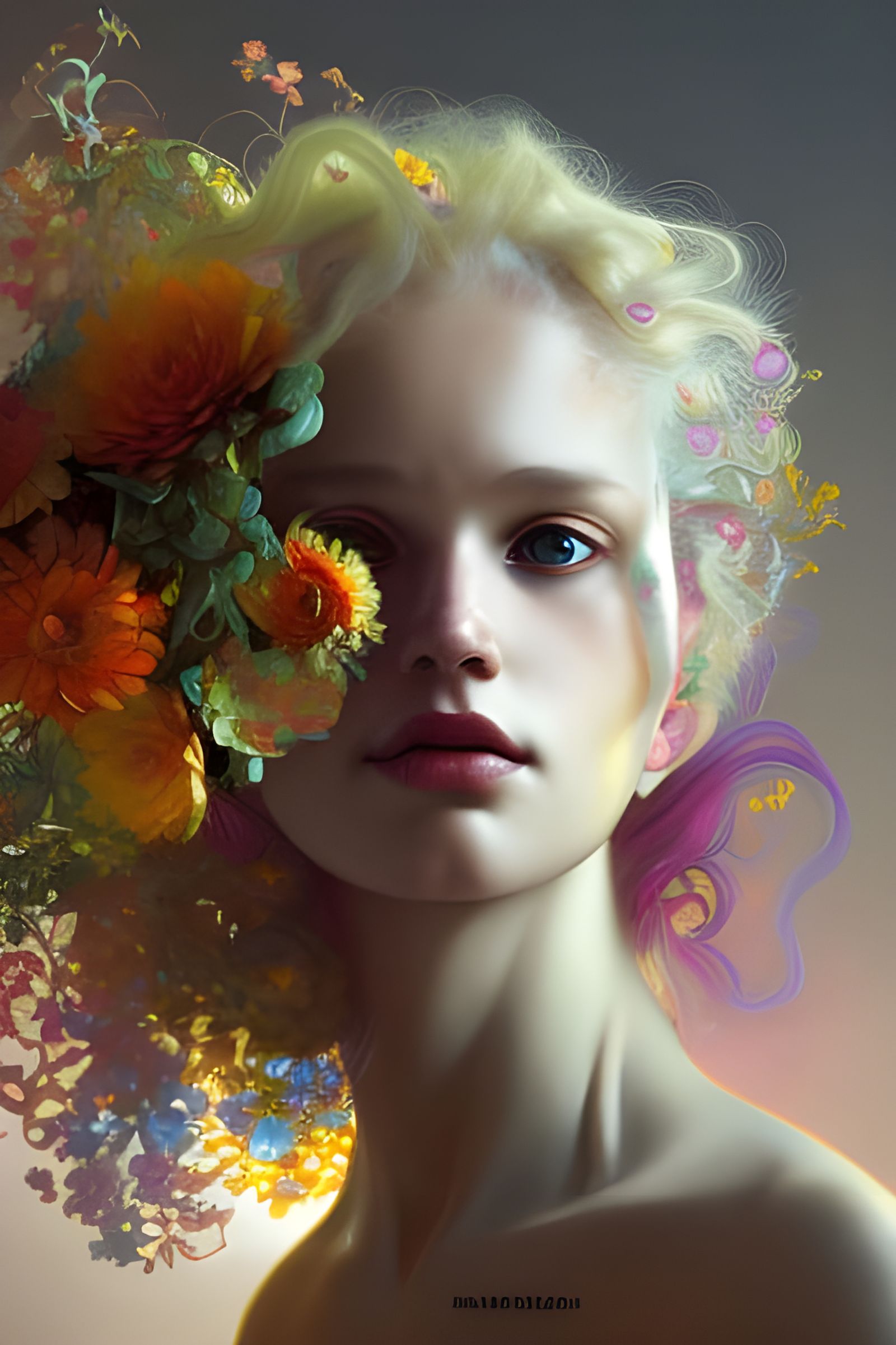 Albino Lady with Flower Hair, Hyperdetailed Portrait