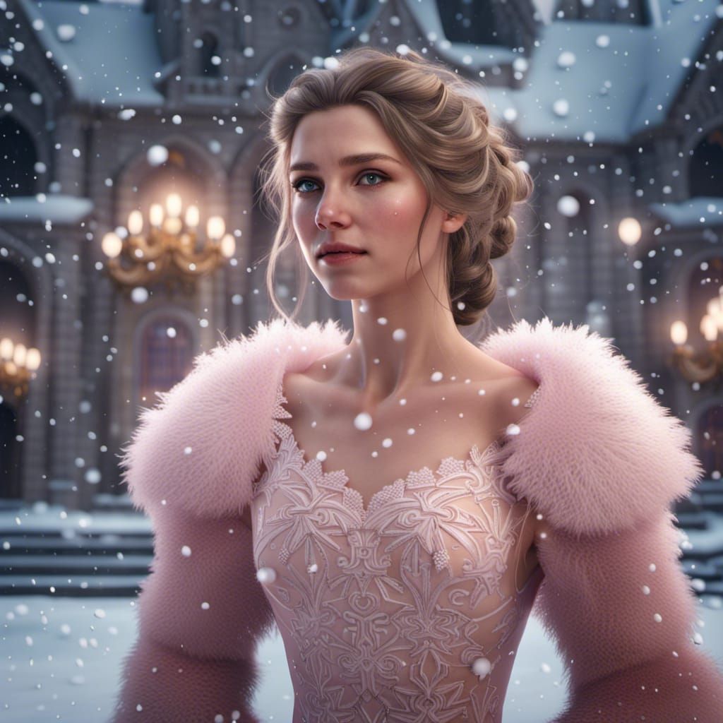 Snowy Portrait of a Young Woman in Pink Dress