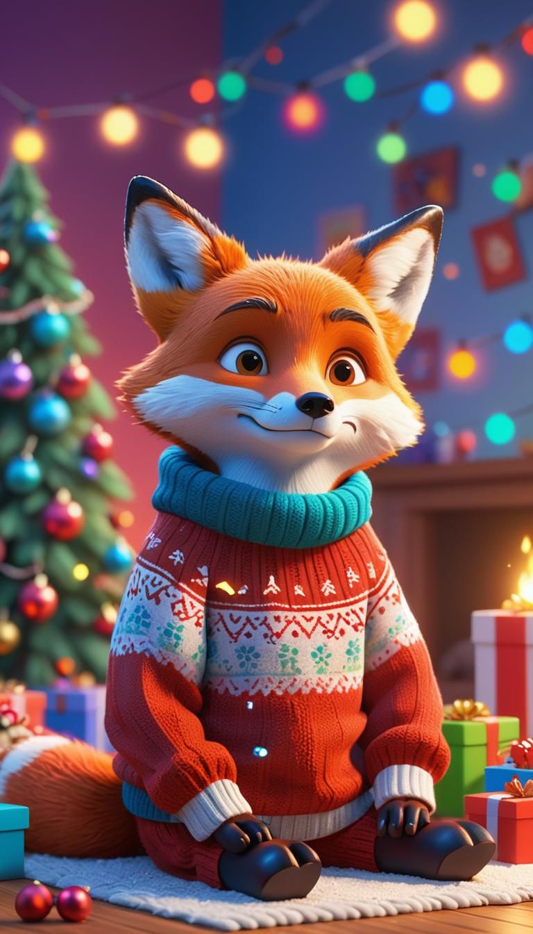 Christmas Fox Watching Movie: 3D Digital Art