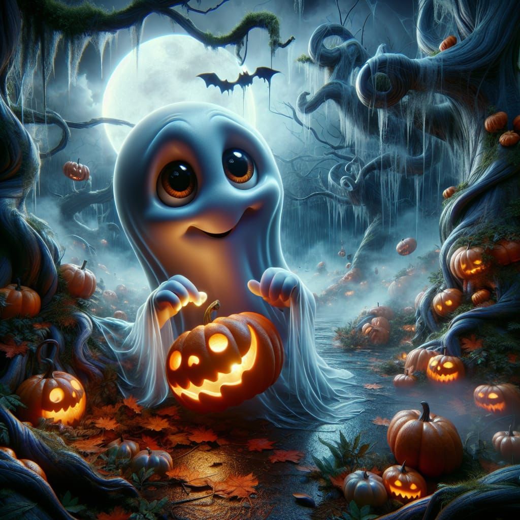 Charming Ghost Carving Pumpkin in Haunted Autumn Forest