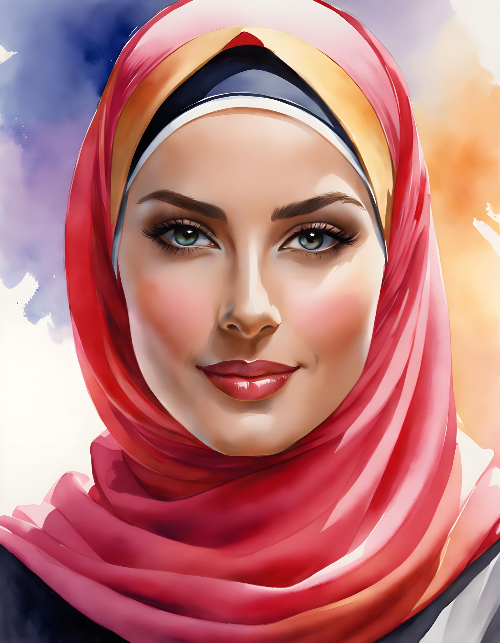 A Watercolor Portrait of a Vibrant Hijabi Woman